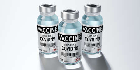 Two covid-19 / SARS-CoV-2 / coronavirus vaccine ampoules isolated on grey background - 3D...