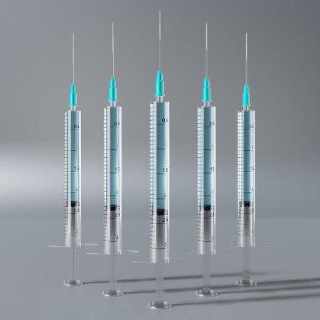 Five syringes isolated on grey background - 3D illustrationの写真素材