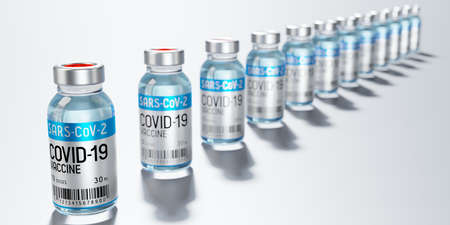 Many covid-19 / SARS-CoV-2 / coronavirus vaccine ampoules, selective focus - 3D illustration