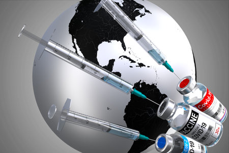 Covid-19 / SARS-CoV-2 / coronavirus vaccine ampoules and syringes, world map in background - 3D illustrationの写真素材