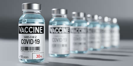 Many covid-19 / SARS-CoV-2 / coronavirus vaccine ampoules, selective focus - 3D illustration
