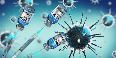 Covid-19 / SARS-CoV-2 / coronavirus vaccine ampoules and syringes, virus cells in background - 3D illustrationの写真素材