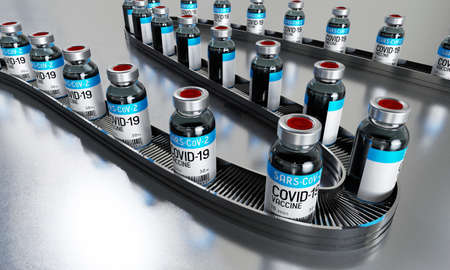 Covid-19, SARS-CoV-2, coronavirus vaccine vials on production line - factory concept - 3D illustrationの写真素材