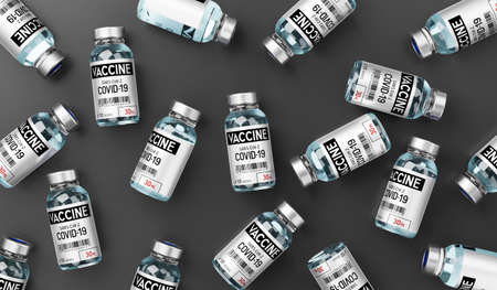 Covid-19, SARS-CoV-2, coronavirus vaccine ampoules isolated on dark background - 3D illustrationの写真素材