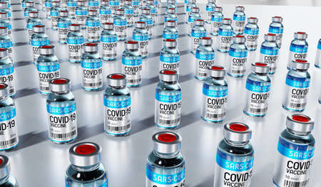 Covid-19, SARS-CoV-2, many coronavirus vaccine vials - 3D illustrationの写真素材