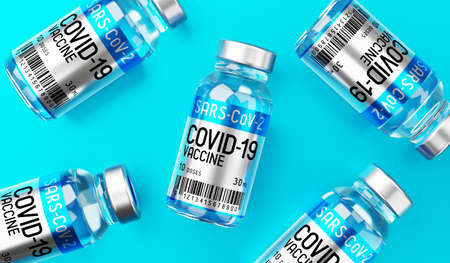 Covid-19, SARS-CoV-2, coronavirus vaccine ampoules isolated on blue background - 3D illustrationの写真素材