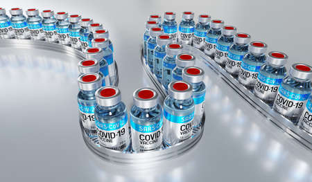 Covid-19, SARS-CoV-2, coronavirus vaccine vials on production line - factory concept - 3D illustrationの写真素材