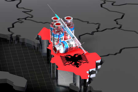 Covid-19 / SARS-CoV-2  / coronavirus vaccination in Albania - country shape, vials, syringe - 3D illustrationの写真素材