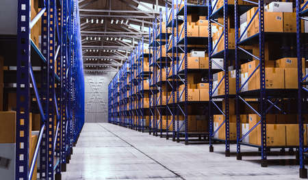 Warehouse with packages on shelves - 3D illustration