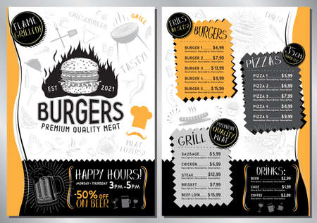 Burger bar menu template - A4 card (burgers, pizzas, grilled sausages, fries, drinks)