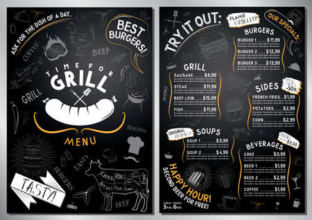Grill, barbecue menu template - A4 card (burgers, grill, sides, soups, drinks)