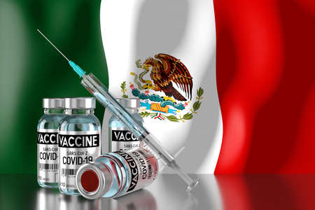 Covid-19, SARS-CoV-2, coronavirus vaccination programme in Mexico, four vials and syringe - 3D illustrationの写真素材
