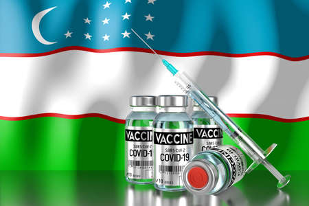 Covid-19, SARS-CoV-2, coronavirus vaccination programme in Uzbekistan, four vials and syringe - 3D illustrationの写真素材