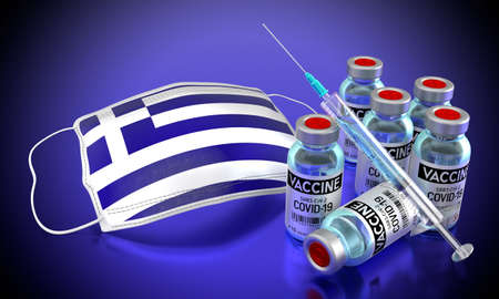 Covid-19, SARS-CoV-2, coronavirus vaccination programme in Greece - face mask, vials, syringe - 3D illustrationの写真素材