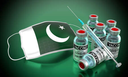 Covid-19, SARS-CoV-2, coronavirus vaccination programme in Pakistan - face mask, vials, syringe - 3D illustrationの写真素材