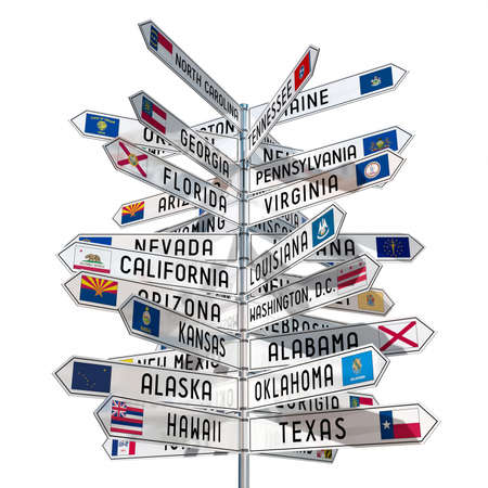 Signpost with different states in the USA, white background - 3D illustrationの写真素材
