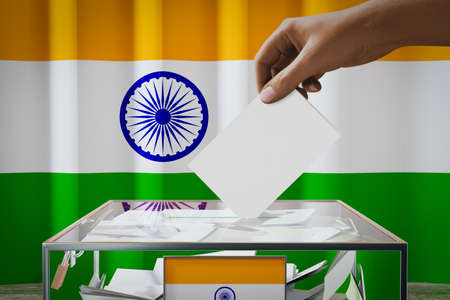 India flag, hand dropping ballot card into a box - voting, election concept - 3D illustrationの写真素材