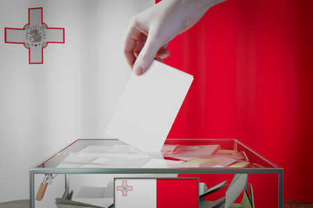 Malta flag, hand dropping ballot card into a box - voting, election concept - 3D illustrationの写真素材