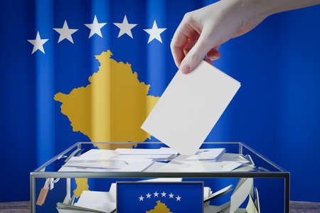 Kosovo flag, hand dropping ballot card into a box - voting, election concept - 3D illustrationの写真素材