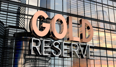 Gold reserve - typographical concept, sign on glass building - 3D illustrationの写真素材