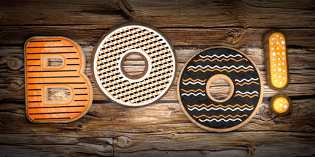 Boo! - Halloween cookies with icing, wooden background - 3D illustrationの写真素材