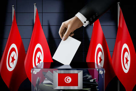 Tunisia flags, hand dropping ballot card into a box - voting, election concept - 3D illustrationの写真素材