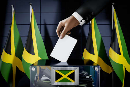 Jamaica flags, hand dropping ballot card into a box - voting, election concept - 3D illustrationの写真素材