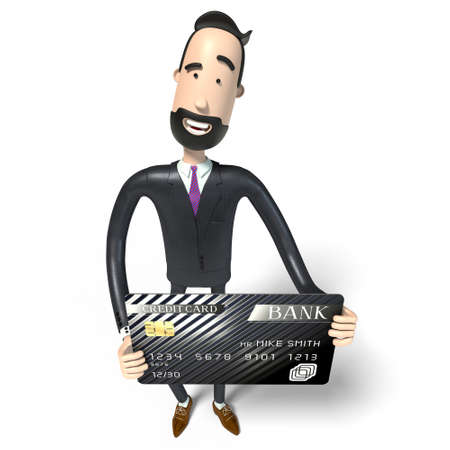Handsome cartoon businessman holding credit card, white background - 3D illustrationの写真素材