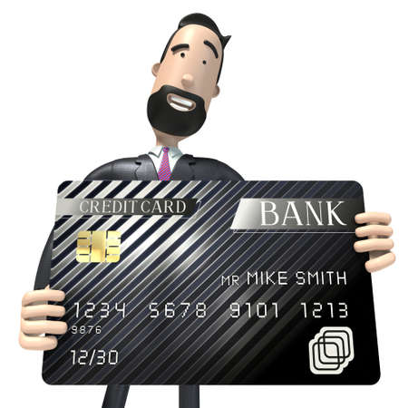 Handsome cartoon businessman holding credit card, white background - 3D illustrationの写真素材