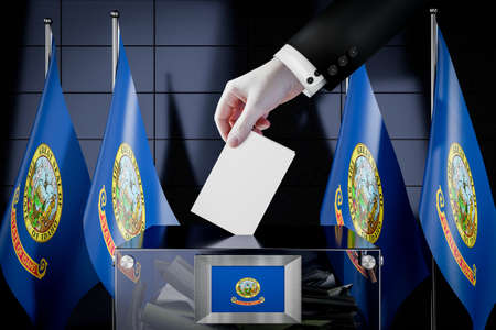 Iowa flags, hand dropping ballot card into a box - voting, election concept - 3D illustrationの写真素材
