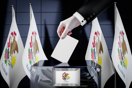 Illinois flags, hand dropping ballot card into a box - voting, election concept - 3D illustrationの写真素材