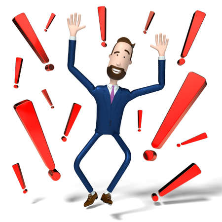 Handsome cartoon businessman and exclamation marks - 3D illustrationの写真素材