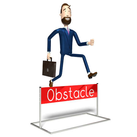 Hipster cartoon character businessman jumps over an obstacle - 3D illustrationの写真素材