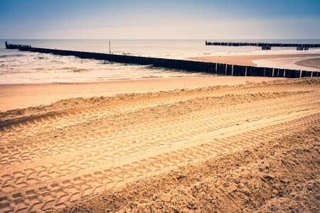 Groynes on a shore, Baltic Sea, Polandの写真素材