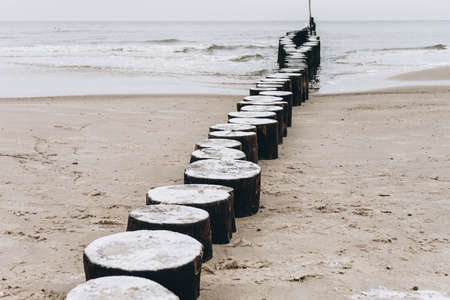 Wooden groyne on a sea