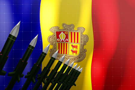 Cruise missiles, flag of Andorra in background - defense concept - 3D illustrationの写真素材