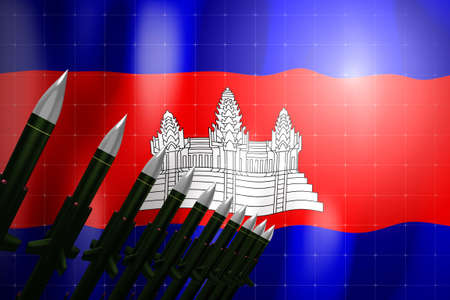 Cruise missiles, flag of Cambodia in background - defense concept - 3D illustrationの写真素材