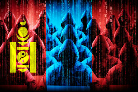 Anonymous hooded hackers, flag of Mongolia, binary code - cyber attack concept
