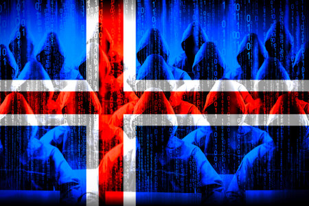 Anonymous hooded hackers, flag of Iceland, binary code - cyber attack conceptの写真素材