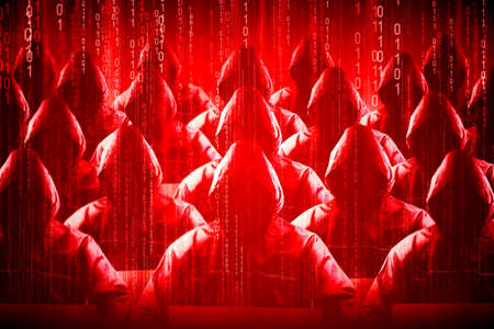 Anonymous hooded hackers, red background, binary code - cyber attack concept