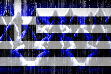 Anonymous hooded hackers, flag of Greece, binary code - cyber attack conceptの写真素材