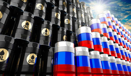 Black oil barrels and with russian flag - 3D illustrationの写真素材