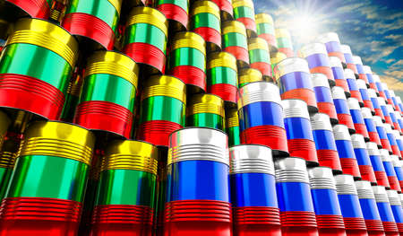 Oil barrels with flags of Russia and Lithuania - 3D illustrationの写真素材