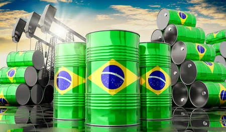Oil barrels with flag of Brazil and oil extraction wells - 3D illustrationの写真素材