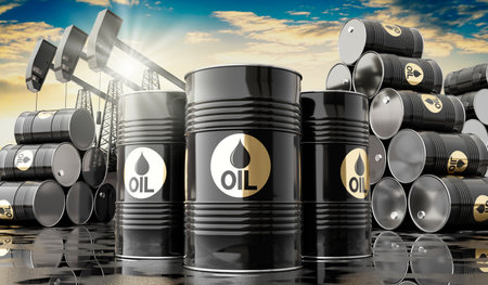 Black oil barrels and oil extraction wells - 3D illustrationの写真素材