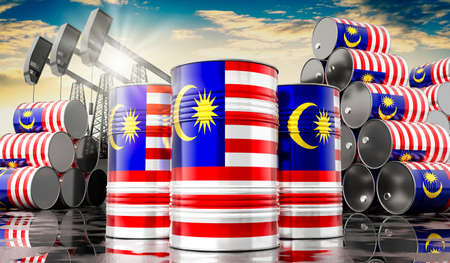 Oil barrels with flag of Malaysia and oil extraction wells - 3D illustrationの写真素材