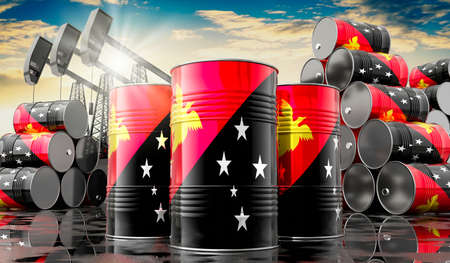 Oil barrels with flag of Papua New Guinea and oil extraction wells - 3D illustrationの写真素材