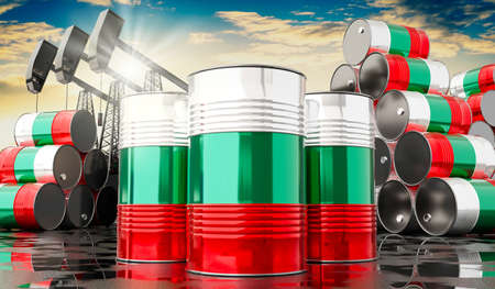 Oil barrels with flag of Bulgaria and oil extraction wells - 3D illustration
