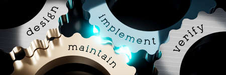Design, implement, maintain, verify - gears concept - 3D illustrationの写真素材