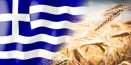 Greece - flag and ripe rye field - crops, cereal, harvest concept